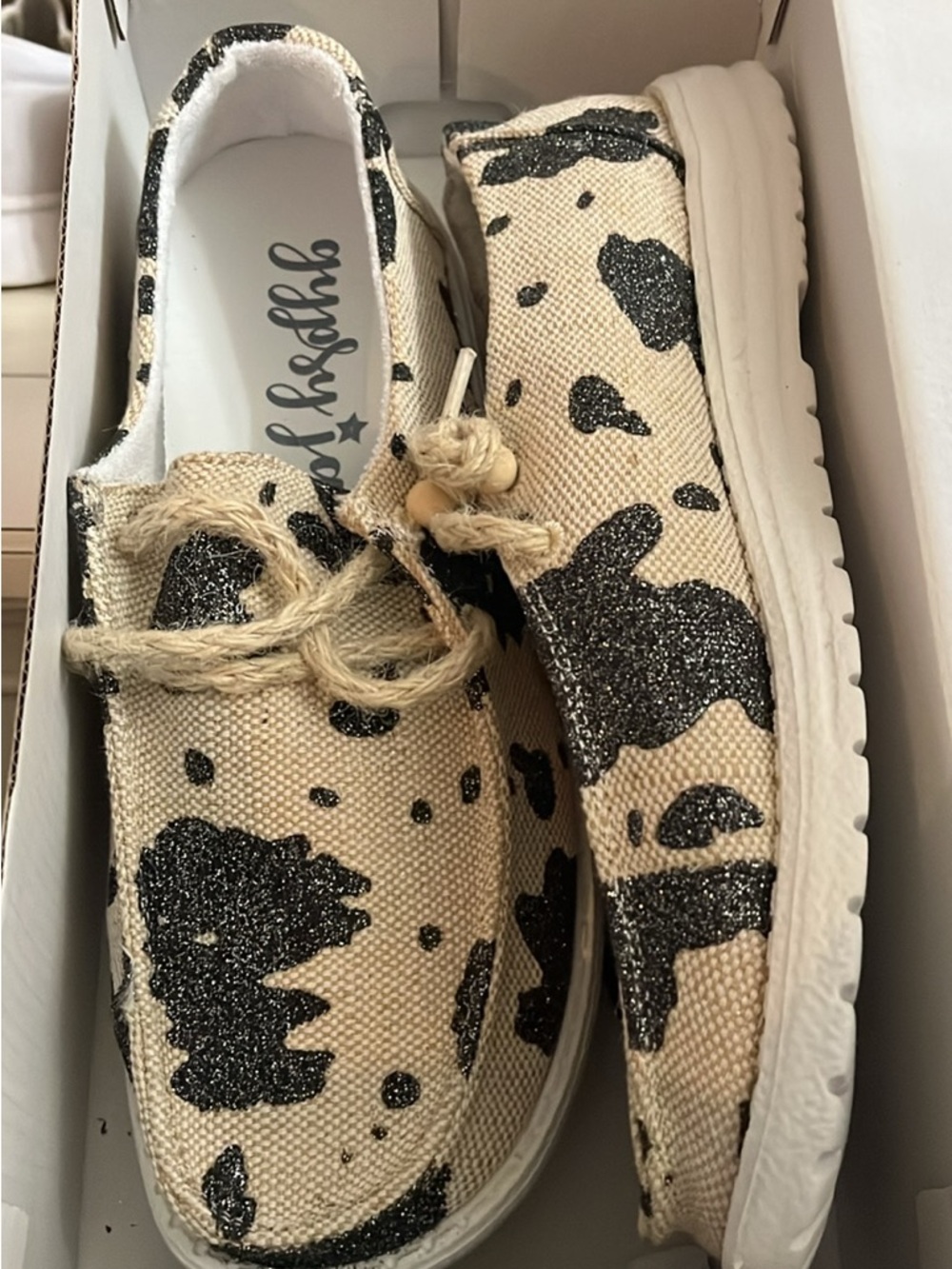 Glitter Cow Print Slip-On Sneakers - Beige & Black 9